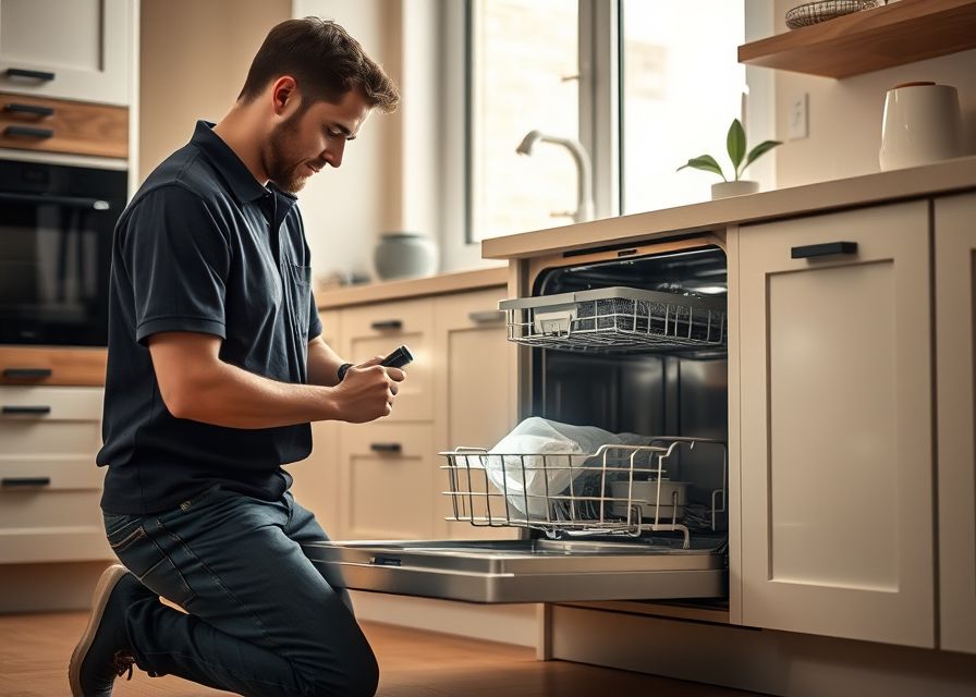 Technik klęczy przy otwartej zmywarce z wysuniętym koszem w kuchni klienta