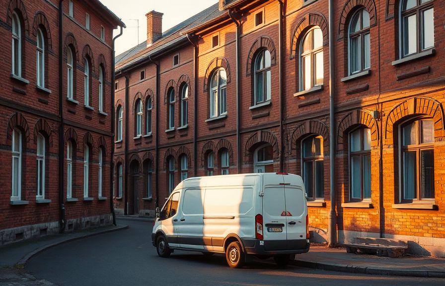 Ceglane familoki na katowickim Nikiszowcu, przed nimi biały bus serwisowy