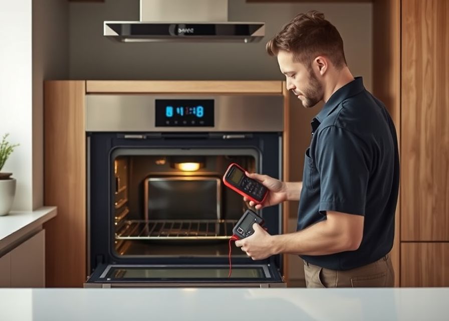 Technik sprawdza miernikiem piekarnik do zabudowy w kuchni klienta