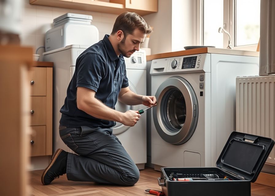 Technik przy otwartej pralce w kuchni klienta sprawdza bęben