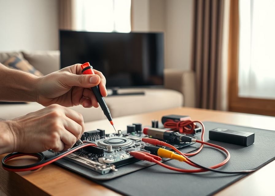 Dłonie technika z miernikiem przy płycie elektroniki telewizora