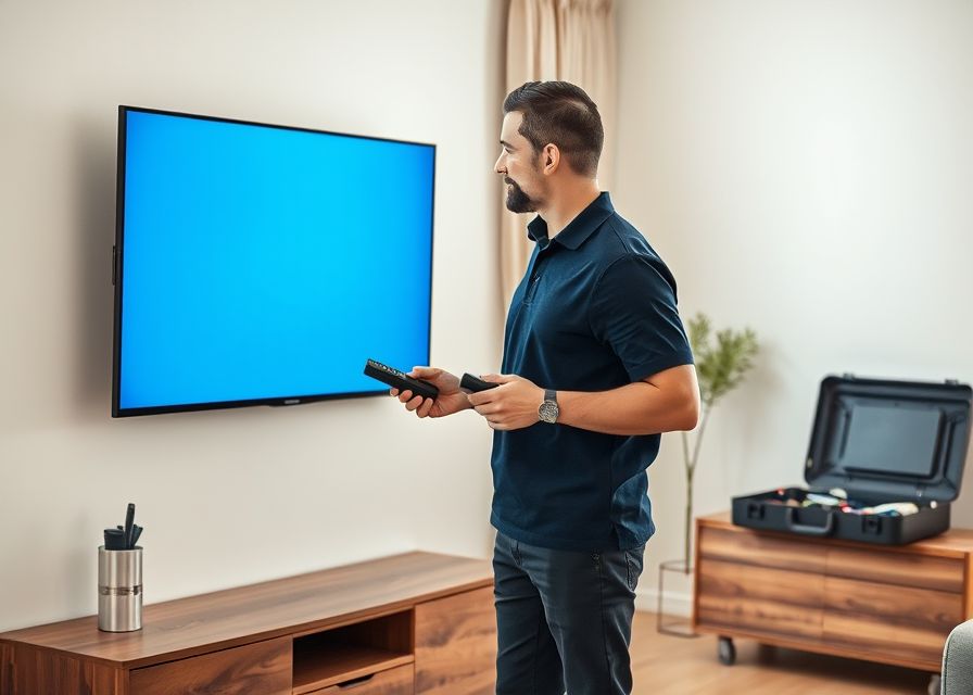 Technik z pilotem sprawdza telewizor powieszony na ścianie w salonie klienta